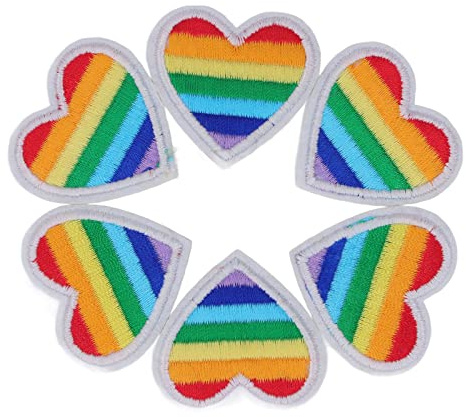 6 Stück Regenbogen Herz Aufnäher, 3.8×3.8cm Herz Applikationen zum Aufbügeln für DIY Nähen, Stickerei, Rucksack, Dekoration, Kunsthandwerk(Weiß)