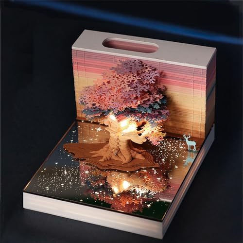 WABMJGW 3D-Kalender 2024, Notizblock mit Lichtern, Papierschnitzkunst, Kirschbaum, DIY-Notizen, Notizblock, 11,5 x 9,5 x 7 cm, abreißbarer Notizblock, Weihnachtsdekoration, Geschenk,B