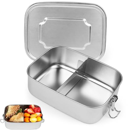 ROYUEXT Bento Box Stainless Steel Lunch Box 1200 ml Reusable Salad Box with Divider, Portable Metal Lunch Box Leak Proof Sandwich Container for Picnics, Office and School (18.5 x14 x6.3cm)