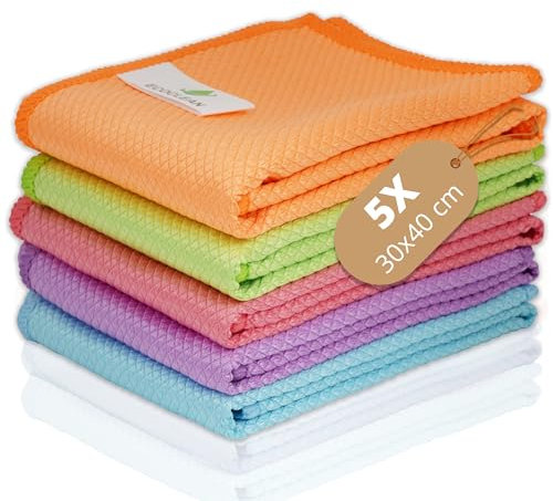 EcoClean - Torchon Microfibre - Microfibre Alvéolée - sans Traces - Ultra-Absorbant - Réutilisable - Lavable - Antibactérien - pour Voiture/Écran/Cuisine/Salle De Bain - Lot De 5-30x40 cm