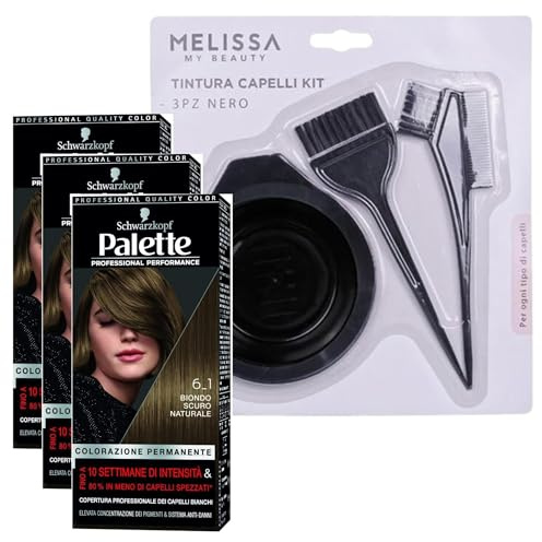 KIT TINTA CAPELLI: 3x Tinta Palette Colorazione Permanente, Crema Colorante Professionale, Copertura Capelli Bianchi, Sistema Anti-danni + Set Tinta Capelli da 3pz (6-1 Biondo Scuro Naturale)