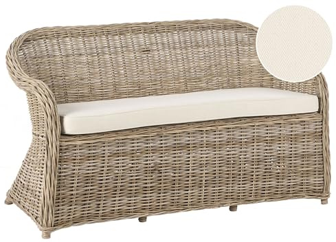 Beliani Gartenbank mit Armlehnen Rattan naturfarben Auflagen beige 150 cm Boho Susua