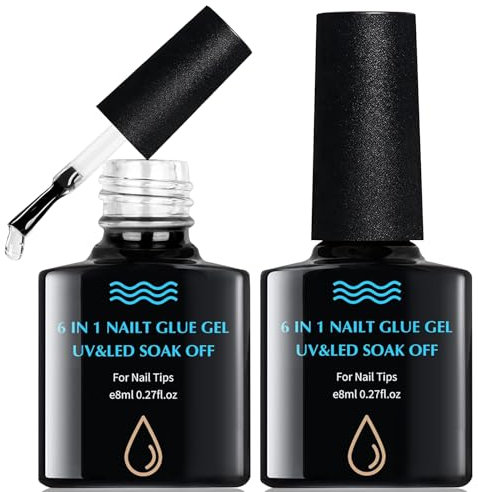 2 Pezzi Colla per Unghie Finte Gel Tips 6 in 1,8ml Colla con Pennello,Top Coat Semipermanente en Gel Base Coat e Rinforzante,per Incollare Unghie a Pressione, Tip Nail