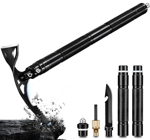 FUSIONKEI Pick Axe 8 in 1, Folding Pickaxe Mattock with Multi-purpose Garden Hoe and Survival Knife, Stainless Steel Pick Axes for Digging, Ice Chipping and Weeding