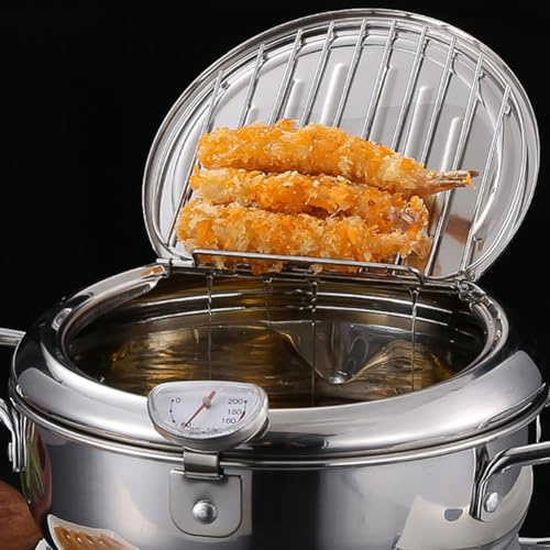 Jiakalamo Deep Fryer Pot, 2.2L Japanese Deep Frying Pot with Filter Lid and Frying Basket Stainless Steel Japanese Style Tempura Fryer Pan(silver)