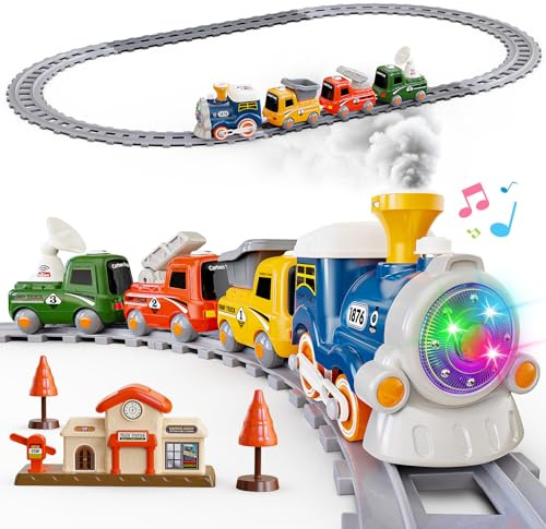 Hot Bee Trenes eléctricos para niños, Juguetes de trene de Vapor para niño pequeños, Regalos para niños de 3 años, Trenes magnéticos con Humo, Sonido y luz