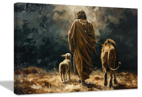 ZQQART Jesus Leinwandbild Jesus mit dem verlorenen Lamm Gemälde Vintage religiöse Wanddekoration gerahmt christlicher Kunstdruck für die Kirche(Schwarz,40x60cm)