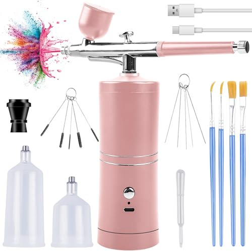 Set aerografo senza fili con compressore, kit aerografo portatile a batteria, ricaricabile, pistola aerografo portatile + accessori di pulizia per trucco, nail art, decorazione di torte e modellismo