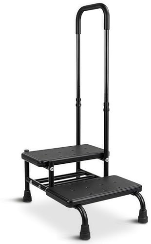 WENNEWU 2-Stufen-Hocker Mit Griffen, Betthocker Mit Verstellbaren HandläUfen Und Rutschfester TrittfläChe, FußHocker FüR Bett, KüChe, Auto Und Badewanne, Belastbar Bis 136 Kg,Schwarz