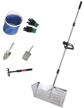 Kit de rastrillo de pulgas de arena, mango largo desmontable, tamiz de playa con dientes de tiburón de acero y pantalla de malla ancha, perfecto para conchas de arena y peinados en la playa (plateado)