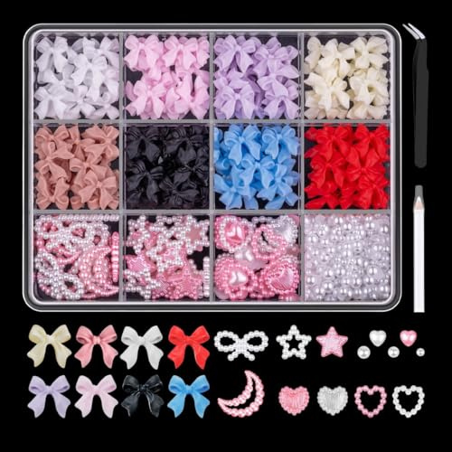 DLPRK 500 Pièces 3D Décorations Ongles Set, Charms Ongles Cœur Étoile Nœuds, Strass Résine Nail Art, Accessoires pour Nail Art, Artisanat et Décoration – Inclus Pince à Épiler & Stylo Dotting