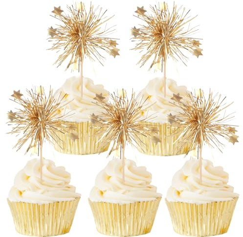 Gleevio 40 Stück Happy Birthday Tortendeko Gold Feuerwerk Cupcake Topper,Glitzer Tortendeko Geburtstag,Feuerwerk Muffin Deko,Happy Birthday Kuchen Deko für Hochzeit Taufe Neujahr Weihnachten