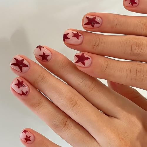 Short Square Press On Nails, Red 3D Star False Nail Tips, Transparent Pink | Flexible Resin Stick On Nails, Assorted Widths, Decorative Manicures At Home, Everyday Wear, Parties And Social Events
