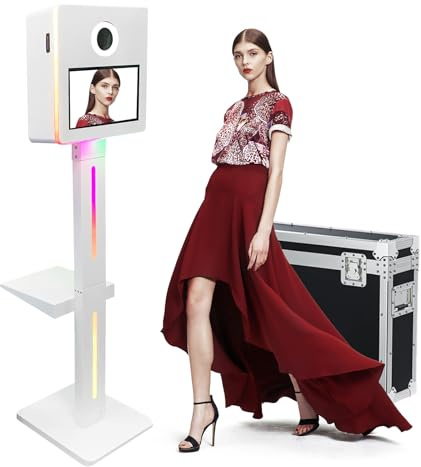 Spiegel Photo Booth 15,6 Zoll Touchscreen Selfie Photo Booth Maschine für Hochzeit Party Events Verleih Fülllicht RGB LED Rahmen Flight Case (Weiß, Maschine)