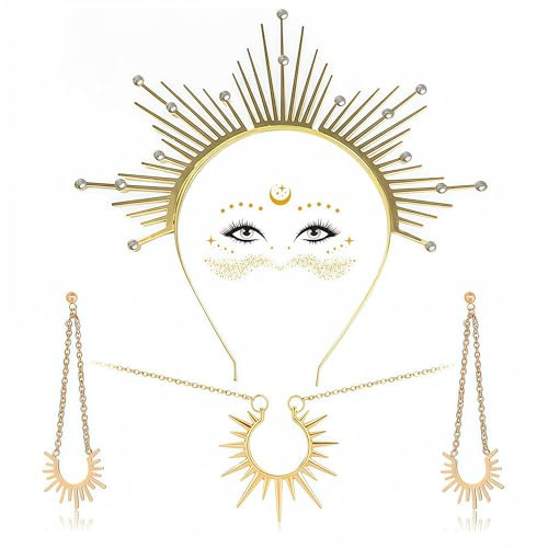 Sunwuun 4 Stück Sonnengöttin Kostüm Accessories, Gold Sonne Haarreif, Halskette, Ohrringe und Gesicht Tattoo, Goldene Göttin Sonnenkrone Kopfschmuck für Frauen, Cosplay Festival Karneval