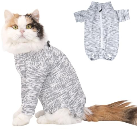 FEimaX Cat Recovery Suit for Spay Abdominal Wounds, Kitten Onesie Bodysuit for Cats After Surgery, Anti-Licking Pet Surgical Pajamas Long Sleeve Front Leg Prevent Shedding