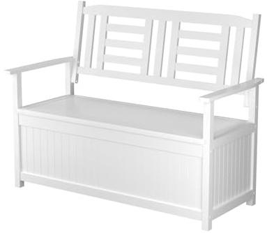 FANTASK Truhenbank Holz, 123 x 68,5 x 96 cm, 2-Sitzer Gartenbank mit integrierter Kissenbox, wetterfeste Sitzbank, Balkonbank für Garten, Balkon, Terrasse (Weiß)