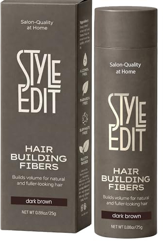 Style Edit Hair Building Fibers for Thinning Hair | Conceals Receding Hairlines, Fine Hair & Bald Spots for Fuller looking hair, 100% Plant-Based Thickening Powder for Men & Women, Dark Brown 0.88oz