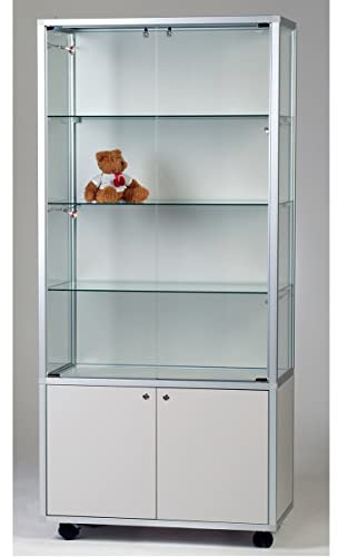 MHN Glasvitrine mit Rollen T 41,5 x B 78 x H 183 cm - breite Ausstellungs-Vitrine mit Unterschrank abschließbar - Glas Vitrinenschrank ohne Beleuchtung
