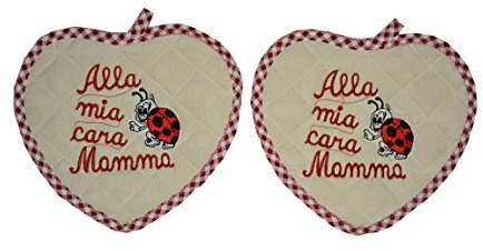 Trama Toscana Coppia Presine a Forma di Cuore con Ricamata la Frase alla Mia Cara Mamma in Colore Rosso