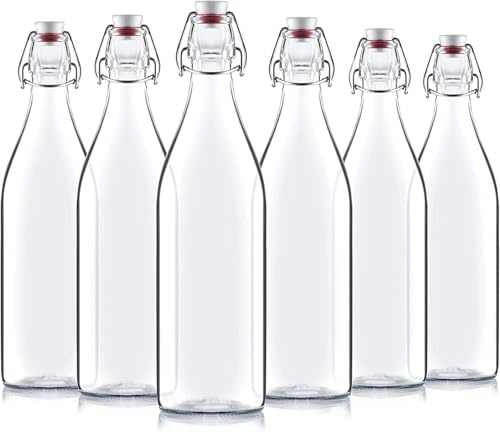 Bormioli Rocco Glass Bottles with Swing Top - Set of 6 (1 Liter) Clear Airtight Glass Preserve Bottle with Stopper, Home Brew Beer Bottles for Water, Juice, Beverages, Liquor, Kefir, Kombucha