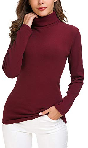 EXCHIC Långärmad polotröja för kvinnor smal passform stickad pullover tröja toppar, Vinrött, M
