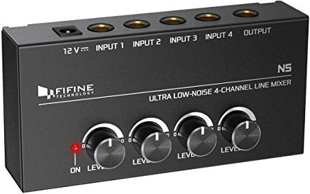 FIFINE Ultra Low-Noise 4-K Line Mixer für Sub-Mixing, 4 Stereo Channel Mini Audio Mixer mit AC-Adapter.Ideal für kleine Club oder Bar.Als Mikrofone, Gitarren, Bass,Keyboards oder Stage Sub
