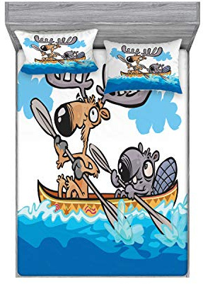 Ambesonne Moose Fitted Sheet & Pillow Sham Set, American Animals Boat Beaver Friend Canoe River Fun Native Characters Cartoon, Decorative Printed 3 Piece Bedding Decor Set, Queen, Blue White Brown