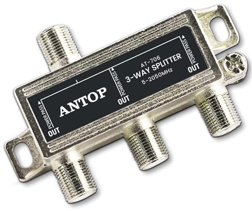 ANTOP 3-Way Coaxial Cable Splitter 2GHz- 5-2050MHz Worked with Satellite, HDTV, Antenna Signal- All Port Power DC Power Passing, Silver Plated and Corrosion Resistant