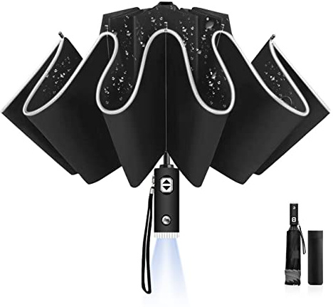 LAMA Regenschirm mit LED Licht 105cm Taschenschirm Sturmfest Automatik Golfschirm mit Reflexstreifen 10 verstärkte Glasfaser Rippen 210T Winddicht Nylon Schirm Anti-UV Reiseschirm Klappschirm Schwarz