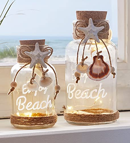2X LED Glas Windlicht Beach mit Leuchtdraht, Tischdeko, Sommerdeko | maritime Leuchtdeko mit Muscheln und Seestern, batteriebetrieben, 12 + 16 cm hoch