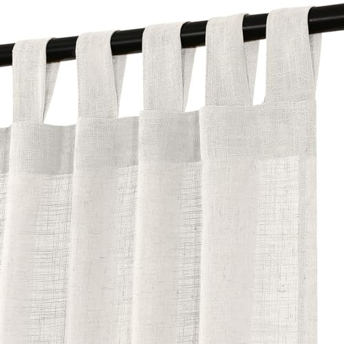 Turquoize Tab Top Off White Linen Curtains 84 Inch Long Light Filtering Curtains & Drapes for Living Room Linen Textured Rustic Farmhouse Curtains for Bedroom, Privacy Added, 2 Panels, Off White