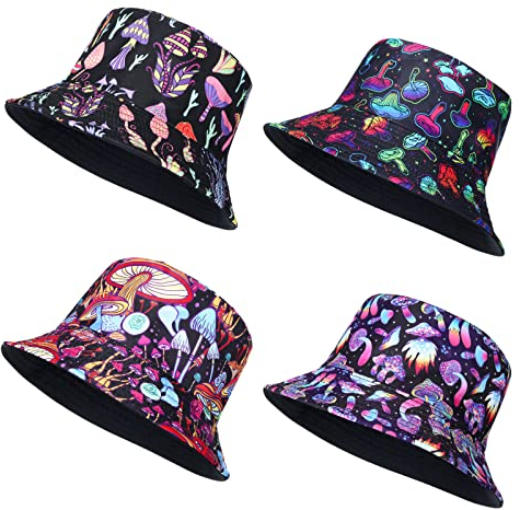 Cindeer 4 Pilz Fischerhut Reversibel Sonnenhut Gedruckt Anglerhut Tragbar Unisex Sommerhut Schlapphut für Strand Reise Rave Party