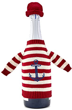 NKlaus 18cm Flaschenpulli mit Mütze 100% Baumwolle beige rote Streifen Flaschenkühler Geschenk Maritim 11529