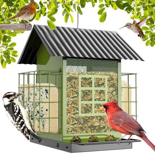 FlowaFoli Vogelfutterspender zum Aufhängen im Freien, Metall-Vogelfutterstation mit doppeltem Talgkäfig-Kuchen, großes Fassungsvermögen, robust und wetterfest, leicht zu reinigen und nachzufüllen,