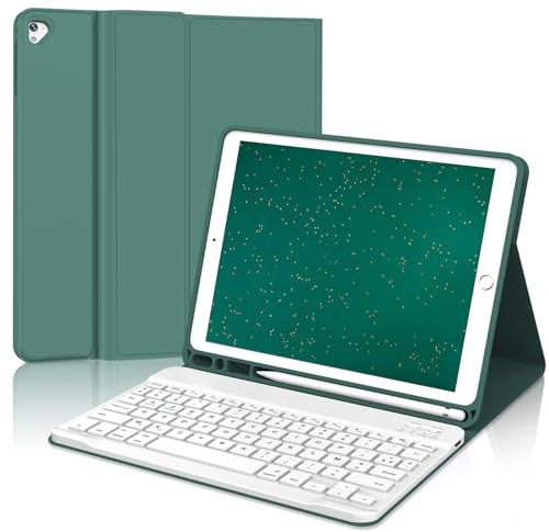 JADEMALL Coque Clavier pour iPad 9.7 6eme/5eme Generation 2018/2017, iPad Air 2/1-2014/2013, AZERTY Français Clavier Bluetooth Détachable Housse avec Pen Holder, Vert foncé