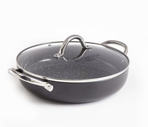 Durastone Black 28cm Shallow Casserole Pan with Lid, Oven Safe, All hob Compatible, Non-Stick for Family One Pot Cooking
