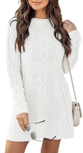 Ebifin Vestiti Donna Invernali Girocollo Maglione Abito Elegante Manica Lunga Abito Linea A Pullover Vestito in Maglia Autunno., Bianco, L