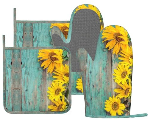 DYCBNESS Sunflower Teal Wood Oven Mitts Pot Holders Set Silicone Kitchen Oven Mitts Heat Resistant Farmhouse Potholders Non-Slip 4pcs Hot Pads and Oven Gloves Sets for Baking,Cooking,BBQ,Grilling
