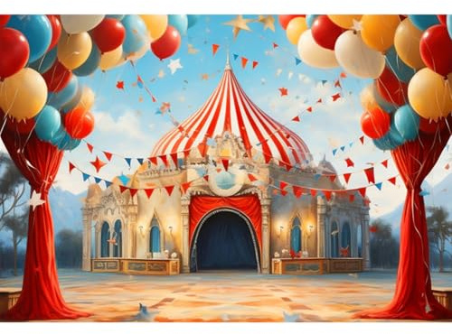 YongFoto 4,5x3m Sfondo fotografico Circo Accampamento Baldacchino Palloncino Bandiera triangolare Fantasia Sfondo Decorazione Circense Carnevale Costume Arredamento Fiesta Sfondi Fotografici