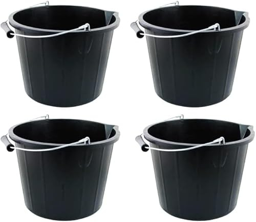 (𝐒𝐞𝐭 𝐨𝐟 𝟒) Black 14 Litre Plastic Builders Buckets 3 Gallon Water Cement Mixing Storage Bucket with Strong Metal Handle Construction Animal Feeding Car Wash Cleaning Bucket