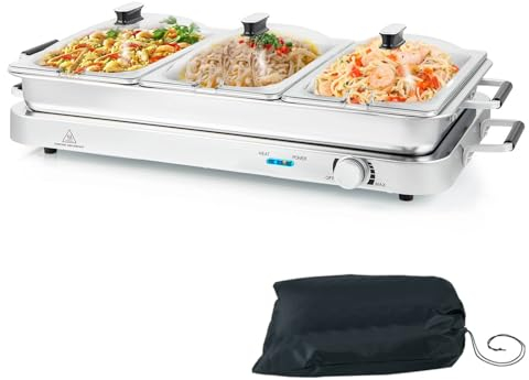 GiantexUK 450W Electric Buffet Server, Stainless Steel Temperature Adjustable Food Warmer with 3x2.5L Removable Sections, Clear Lids, Handles & Spoon Slot, 2-in-1 Hot Plate Serving Tray for Party