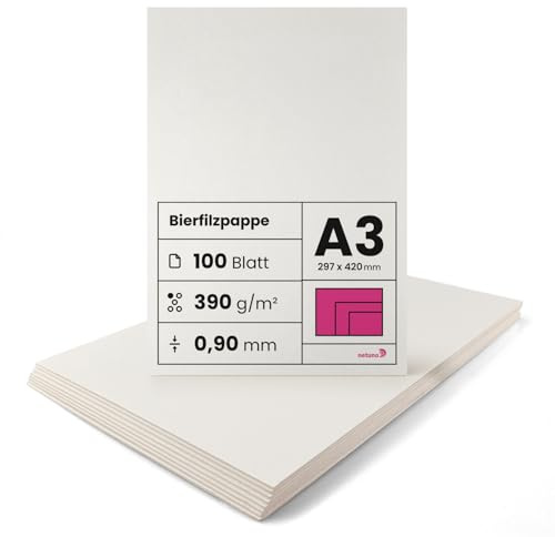 Netuno 100 Blatt Bastelpappe Creme-Weiß DIN A3 29,7 x 42 cm 0,90 mm 390g finnische Holzpappe Finnpappe Bierfilz Bierdeckel cremefarben dicker Karton zum Basteln Buchbinderarbeiten