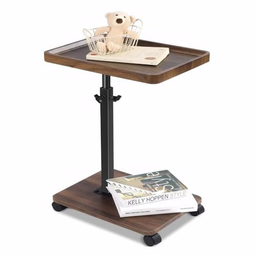 Accmuzzy Beistelltisch Couch mit Rollen & Höhenverstellbar (45-80cm),Holz C-förmiger Kaffeetisch mit 360° Rotation,2 Ebenen Design,Nussbaum Finish|Für Wohnzimmer,Sofa,Bett