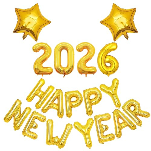 Silvester Deko 2026 Luftballon Set, Happy New Year Deko Ballons Gold, Neujahr Deko Ballon 2026, Happy New Year Folienballon, Silvester Party Deko Zubehör, 2026 Neues Jahr Luftballons Partydekorationen