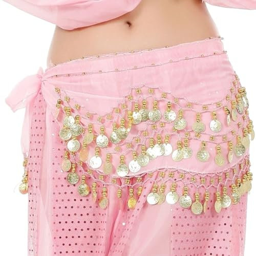 HESHUYAN Bauchtanz HüFttuch Tänzerin Rock Frauen Sexy Bauchtanz Hüfttuch Wrap Gürtel Tänzerin Rock Weibliche Show Kostüme Pailletten Quasten Bauchtanz KostüM Damen(Pink)