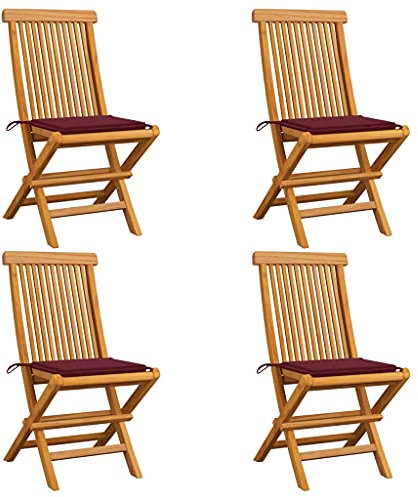 Xichuzi Gartenstühle mit Weinroten Kissen, Gartenmöbel, Balkonstühle, Balkonmöbel, Bistrostuhl, Garten Stühle, Sit Möbel, Armlehnenstuhl, 4 STK. Massivholz Teak