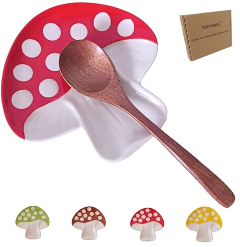 Ceramic Spoon Rest for Stove Top, Mushroom Cute Spoon Rest for Kitchen Counter, Cooking Spoon Holder for Kitchen Counter, Utensil Rest Spatula Rest Ladle Holder Tong Rest (Red)