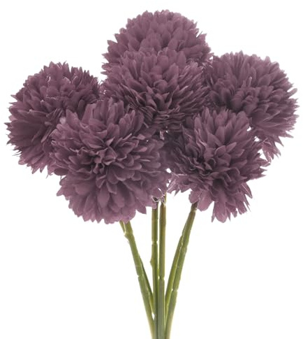 M METERXITY 6-Pack Flores de Bola de Crisantemo Artificial, 11 Ramo de Hortensias de Seda Tacto Real Flores Falsas para Hogar/Boda/Navidad/Fiesta/Jardín Oficina [Púrpura Otoñal]
