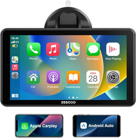 ESSGOO 7'' Wireless Car Play Screen for A-pple Carplay Android Auto HD IPS Touchscreen with Mirror Link, Bluetooth 5.3, Siri G-oogle Assistant Support, AUX, FM – Compatible with Various Vehicle Models